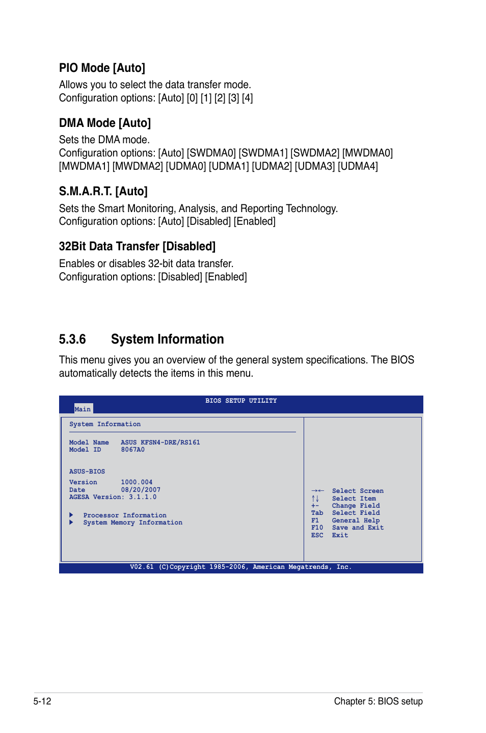 6 system information, Pio mode [auto, Dma mode [auto | S.m.a.r.t. [auto, 32bit data transfer [disabled | Asus RS161-E5/PA2 User Manual | Page 76 / 124