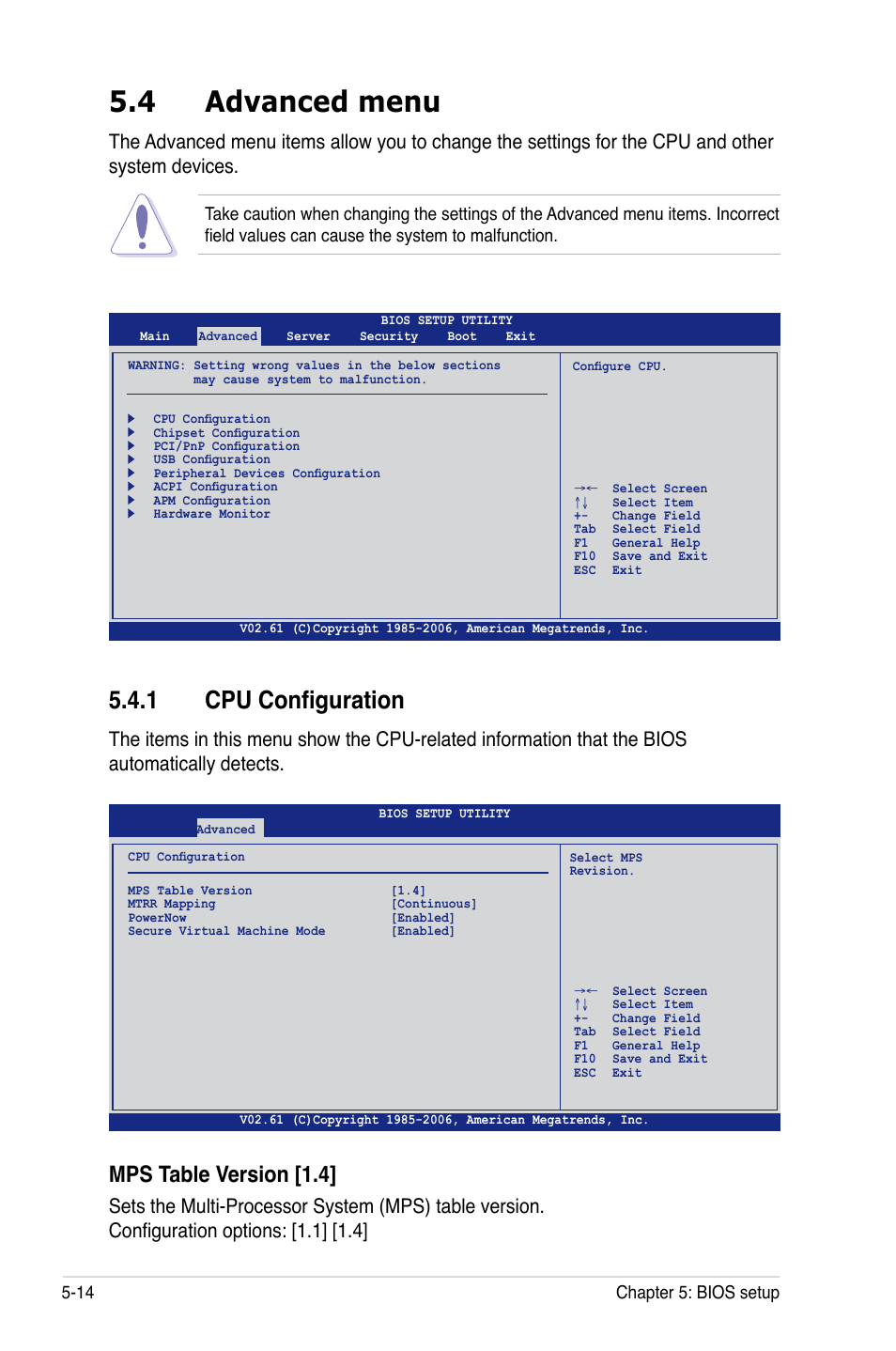 4 advanced menu, 1 cpu configuration, Mps table version [1.4 | Asus RS161-E5/PA2 User Manual | Page 78 / 124