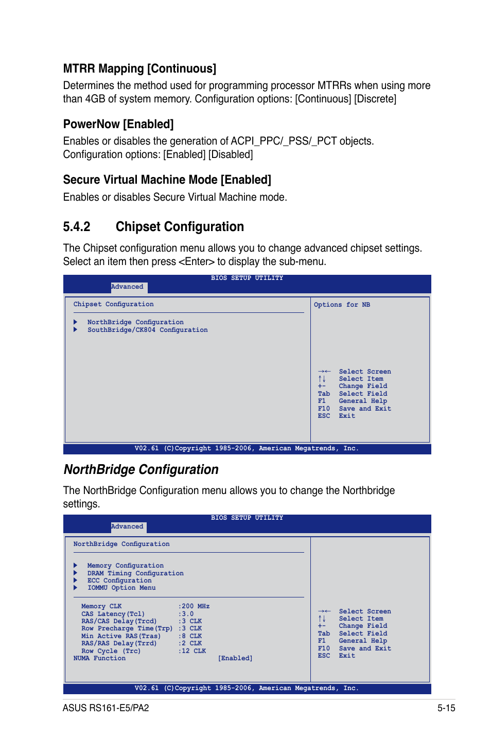 2 chipset configuration, Northbridge configuration, Mtrr mapping [continuous | Powernow [enabled, Secure virtual machine mode [enabled, Enables or disables secure virtual machine mode | Asus RS161-E5/PA2 User Manual | Page 79 / 124