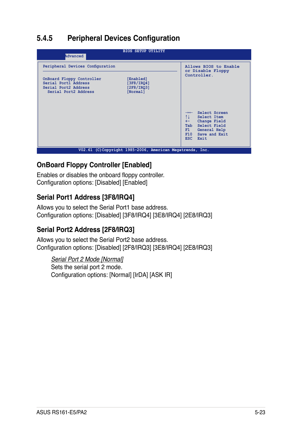 5 peripheral devices configuration, Onboard floppy controller [enabled, Serial port1 address [3f8/irq4 | Serial port2 address [2f8/irq3 | Asus RS161-E5/PA2 User Manual | Page 87 / 124