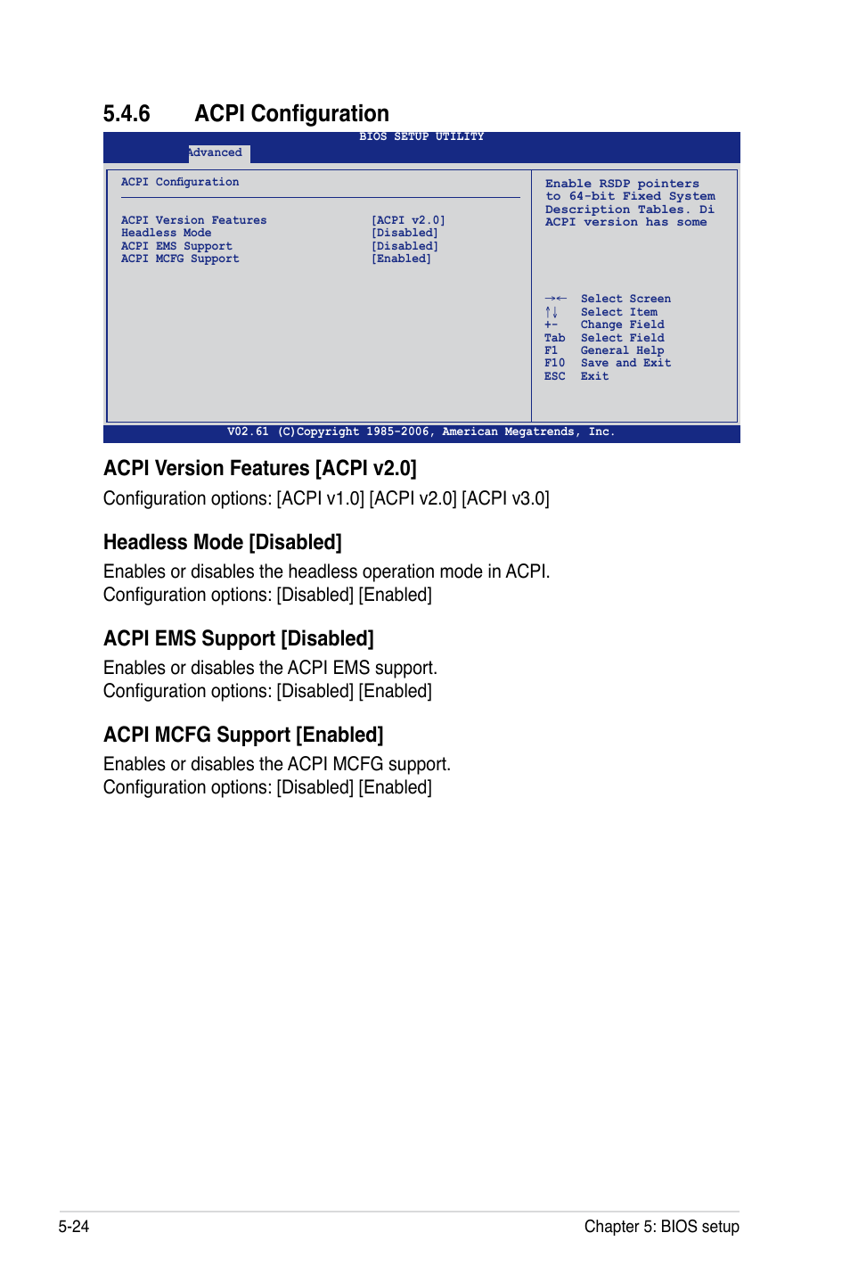 6 acpi configuration, Acpi version features [acpi v2.0, Headless mode [disabled | Acpi ems support [disabled, Acpi mcfg support [enabled | Asus RS161-E5/PA2 User Manual | Page 88 / 124