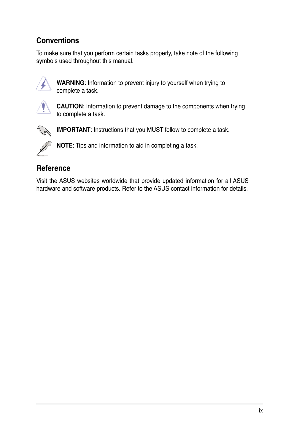 Conventions, Reference | Asus RS161-E5/PA2 User Manual | Page 9 / 124