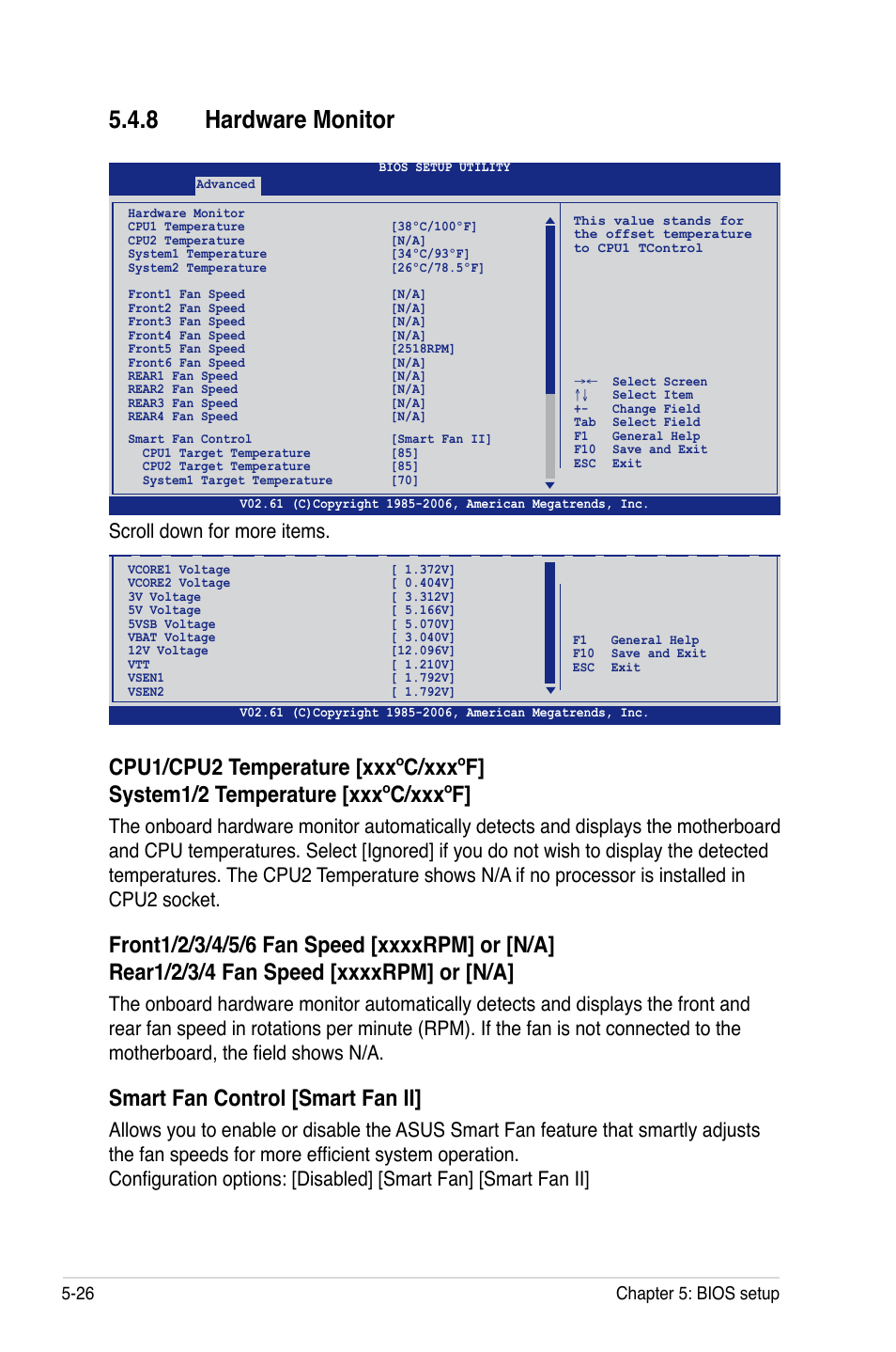 8 hardware monitor, Smart fan control [smart fan ii, Scroll down for more items | 26 chapter 5: bios setup | Asus RS161-E5/PA2 User Manual | Page 90 / 124