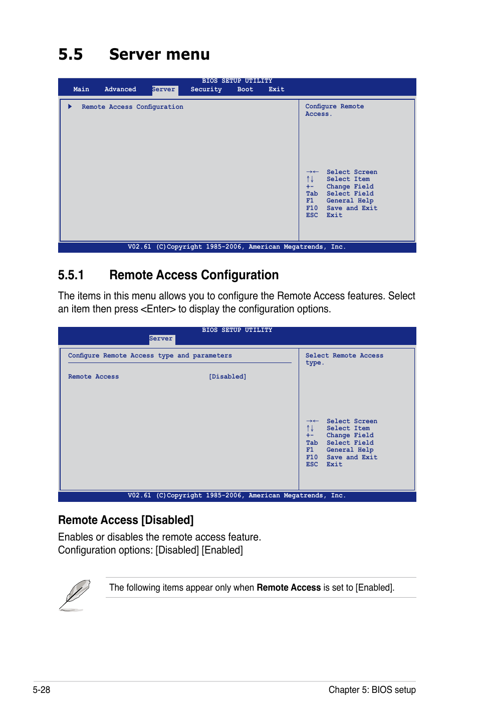 5 server menu, 1 remote access configuration, Remote access [disabled | Asus RS161-E5/PA2 User Manual | Page 92 / 124
