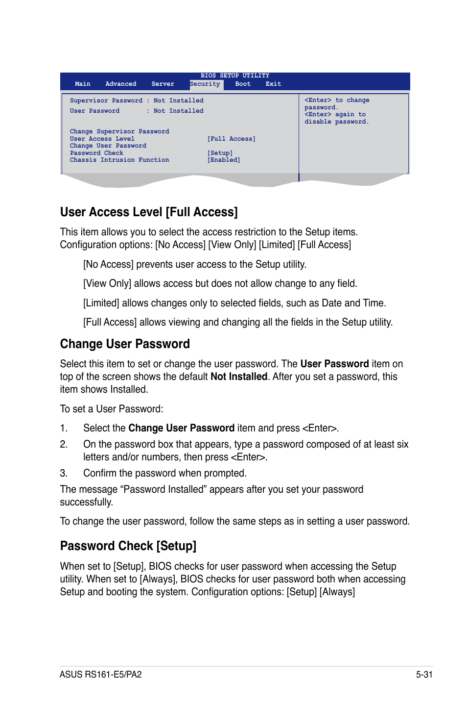 User access level [full access, Change user password, Password check [setup | Asus RS161-E5/PA2 User Manual | Page 95 / 124