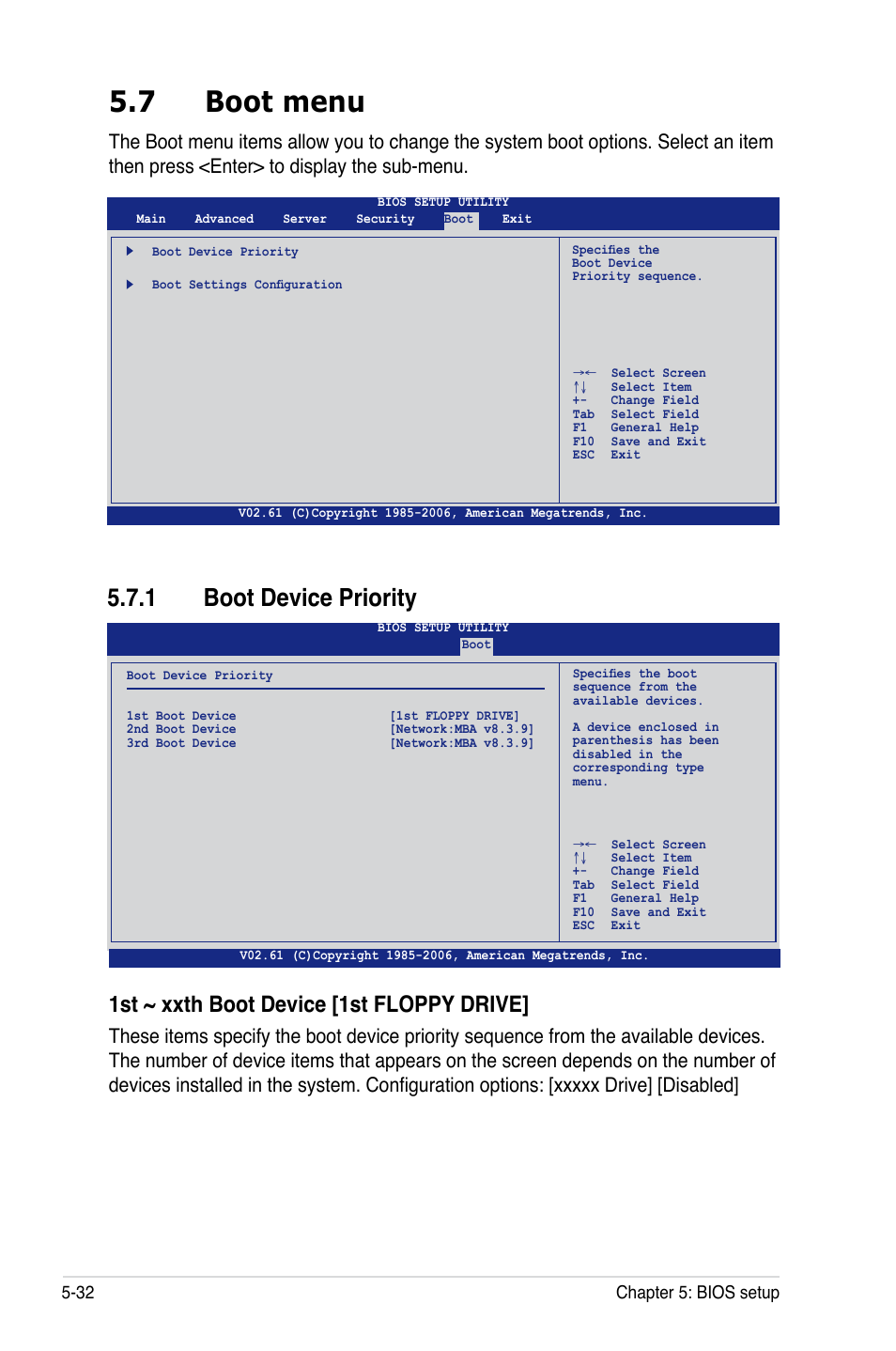 7 boot menu, 1 boot device priority, 1st ~ xxth boot device [1st floppy drive | Asus RS161-E5/PA2 User Manual | Page 96 / 124