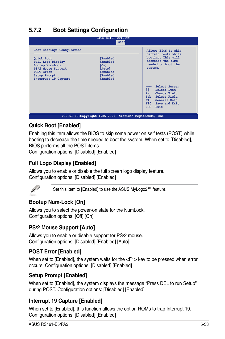 2 boot settings configuration, Quick boot [enabled, Full logo display [enabled | Bootup num-lock [on, Ps/2 mouse support [auto, Post error [enabled, Setup prompt [enabled, Interrupt 19 capture [enabled | Asus RS161-E5/PA2 User Manual | Page 97 / 124
