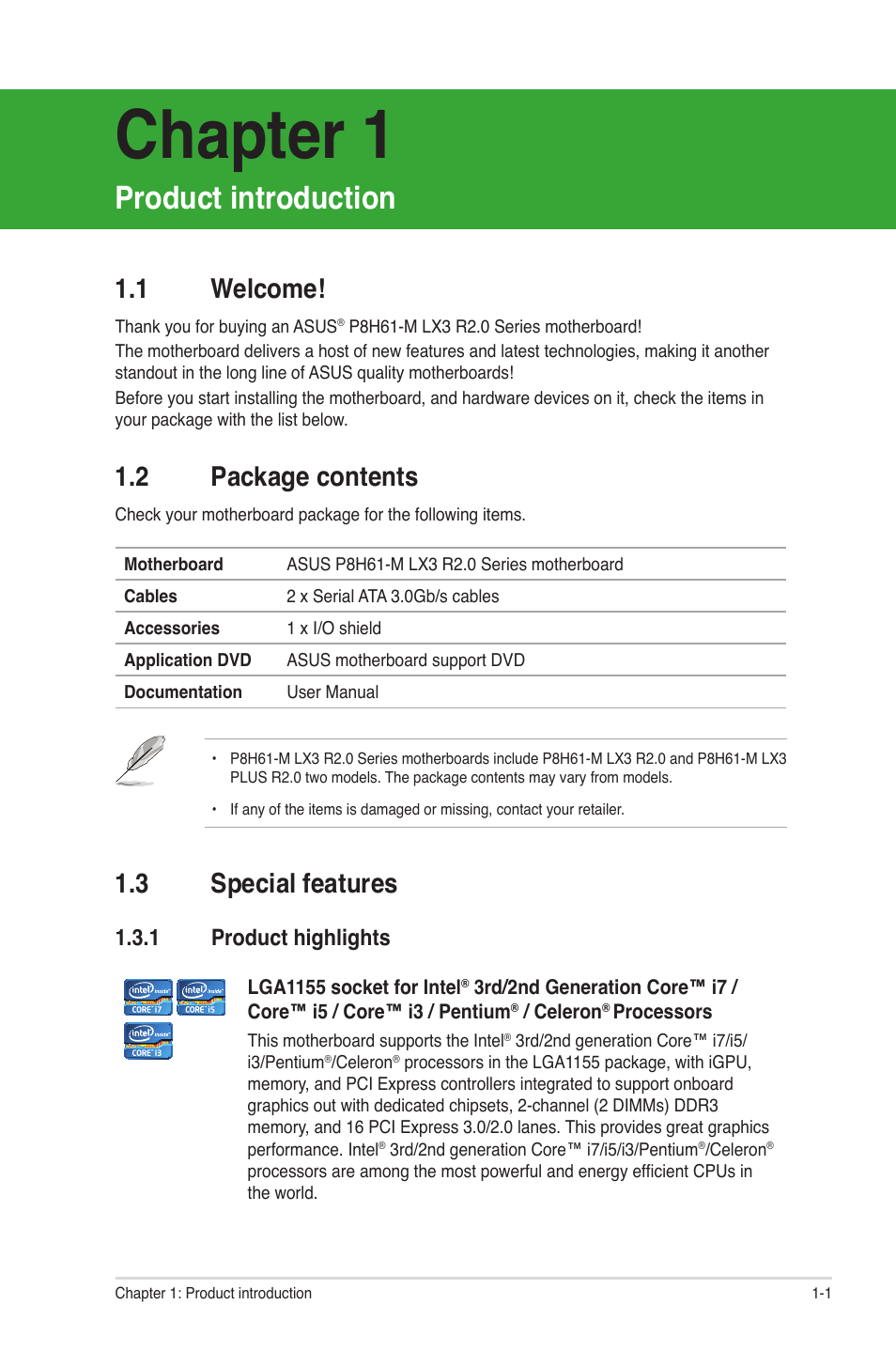 Chapter 1, Product introduction, 1 welcome | 2 package contents, 3 special features, 1 product highlights, Welcome! -1, Package contents -1, Special features -1 1.3.1, Product highlights -1 | Asus P8H61-M LX3 R2.0 User Manual | Page 11 / 68