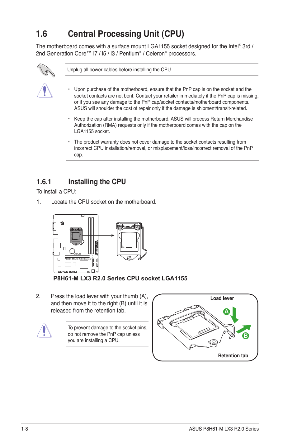 6 central processing unit (cpu), 1 installing the cpu, Central processing unit (cpu) -8 1.6.1 | Installing the cpu -8 | Asus P8H61-M LX3 R2.0 User Manual | Page 18 / 68