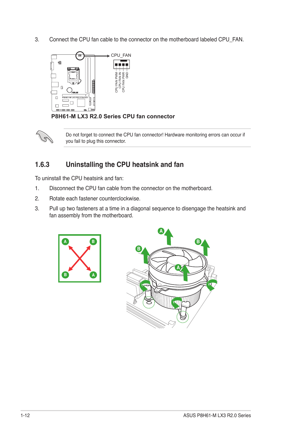 3 uninstalling the cpu heatsink and fan, Uninstalling the cpu heatsink and fan -12 | Asus P8H61-M LX3 R2.0 User Manual | Page 22 / 68