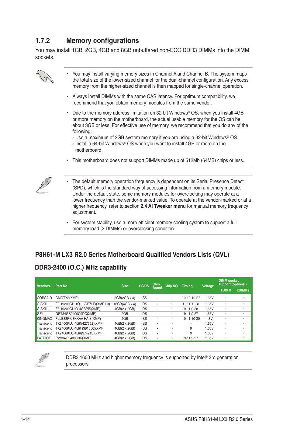 2 memory configurations, Memory configurations -14 | Asus P8H61-M LX3 R2.0 User Manual | Page 24 / 68