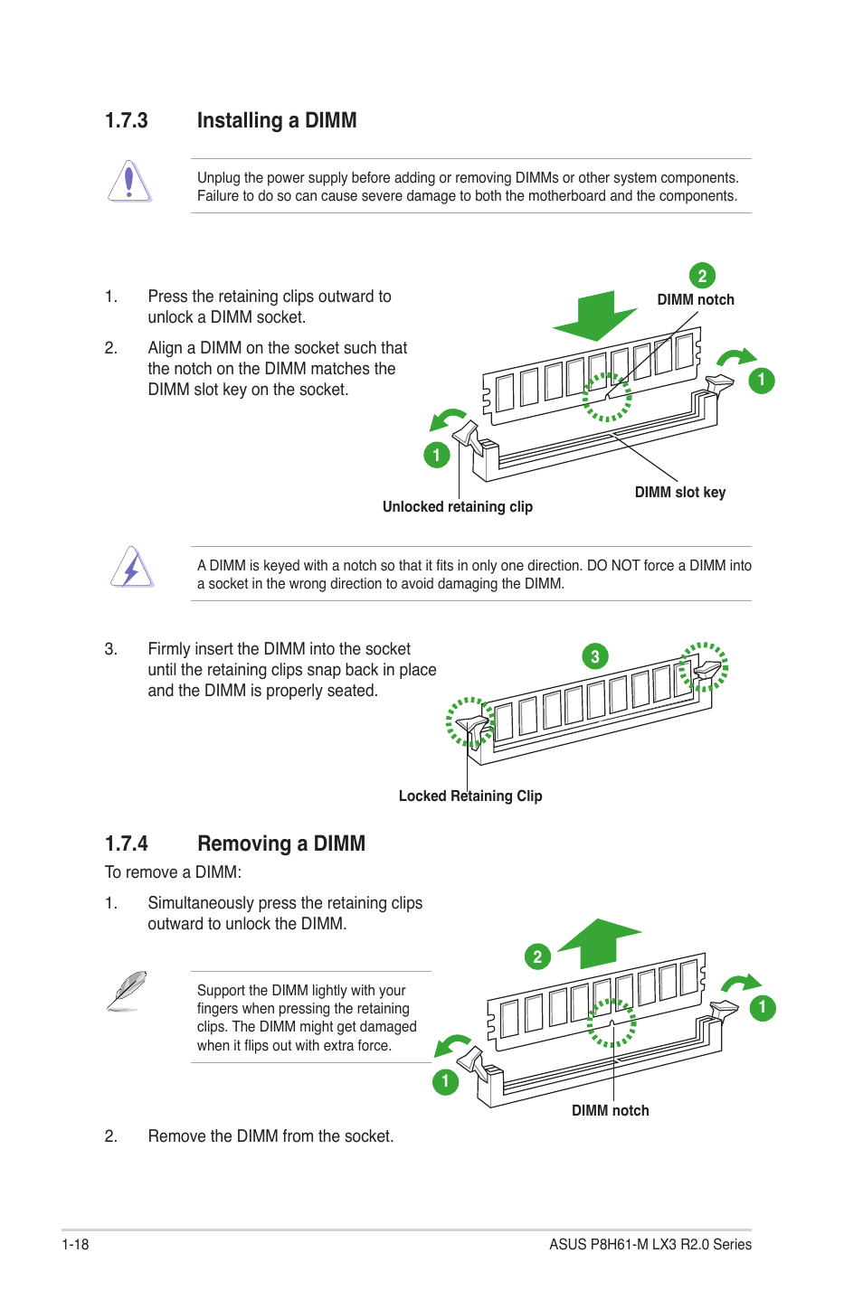 3 installing a dimm, 4 removing a dimm, Installing a dimm -18 | Removing a dimm -18 | Asus P8H61-M LX3 R2.0 User Manual | Page 28 / 68