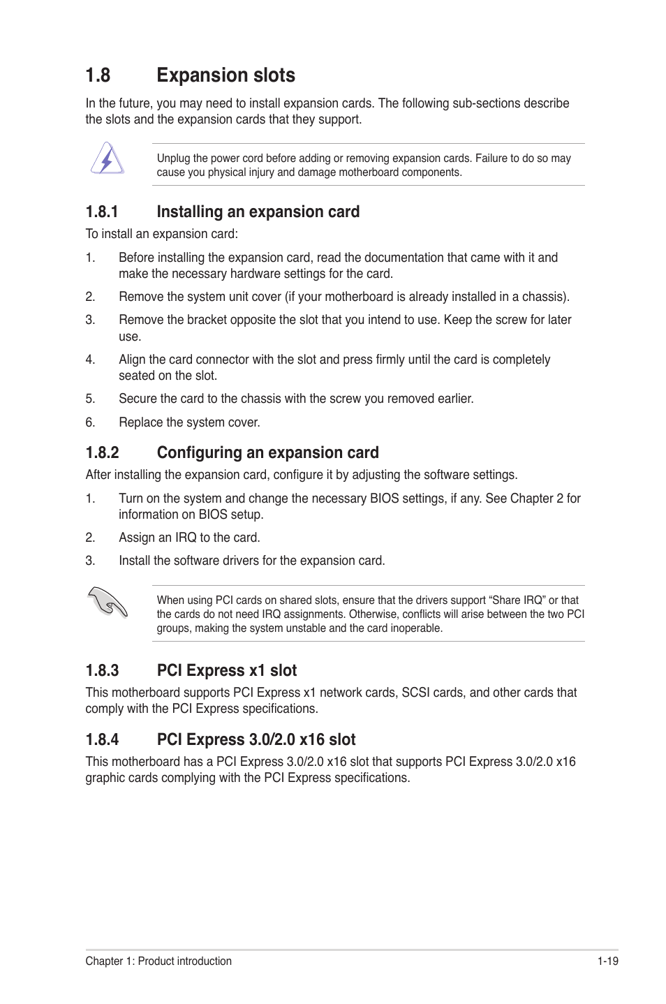 8 expansion slots, 1 installing an expansion card, 2 configuring an expansion card | 3 pci express x1 slot, 4 pci express 3.0/2.0 x16 slot, Expansion slots -19 1.8.1, Installing an expansion card -19, Configuring an expansion card -19, Pci express x1 slot -19, Pci express 3.0/2.0 x16 slot -19 | Asus P8H61-M LX3 R2.0 User Manual | Page 29 / 68