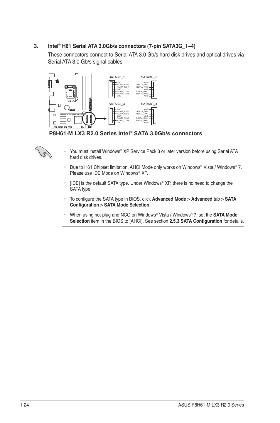 Intel, Sata 3.0gb/s connectors, You must install windows | Vista / windows, Please use ide mode on windows | Asus P8H61-M LX3 R2.0 User Manual | Page 34 / 68