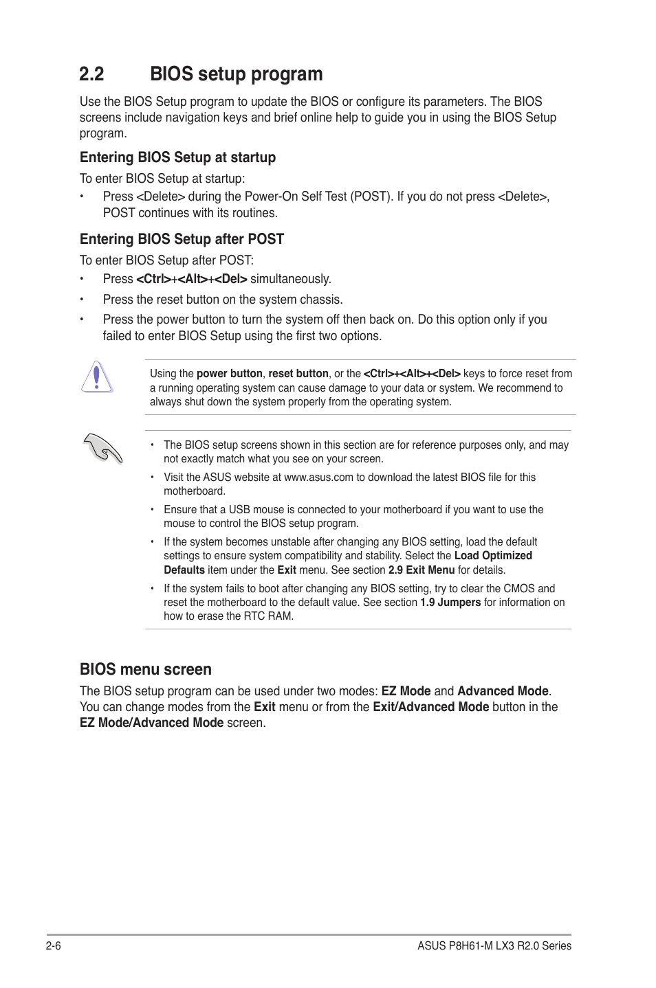 2 bios setup program, Bios setup program -6, Bios menu screen | Asus P8H61-M LX3 R2.0 User Manual | Page 44 / 68