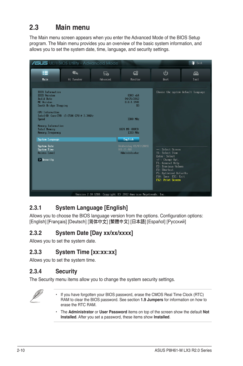3 main menu, 1 system language [english, 2 system date [day xx/xx/xxxx | 3 system time [xx:xx:xx, 4 security, Main menu -10 2.3.1, System language [english] -10, System date [day xx/xx/xxxx] -10, System time [xx:xx:xx] -10, Security -10 | Asus P8H61-M LX3 R2.0 User Manual | Page 48 / 68