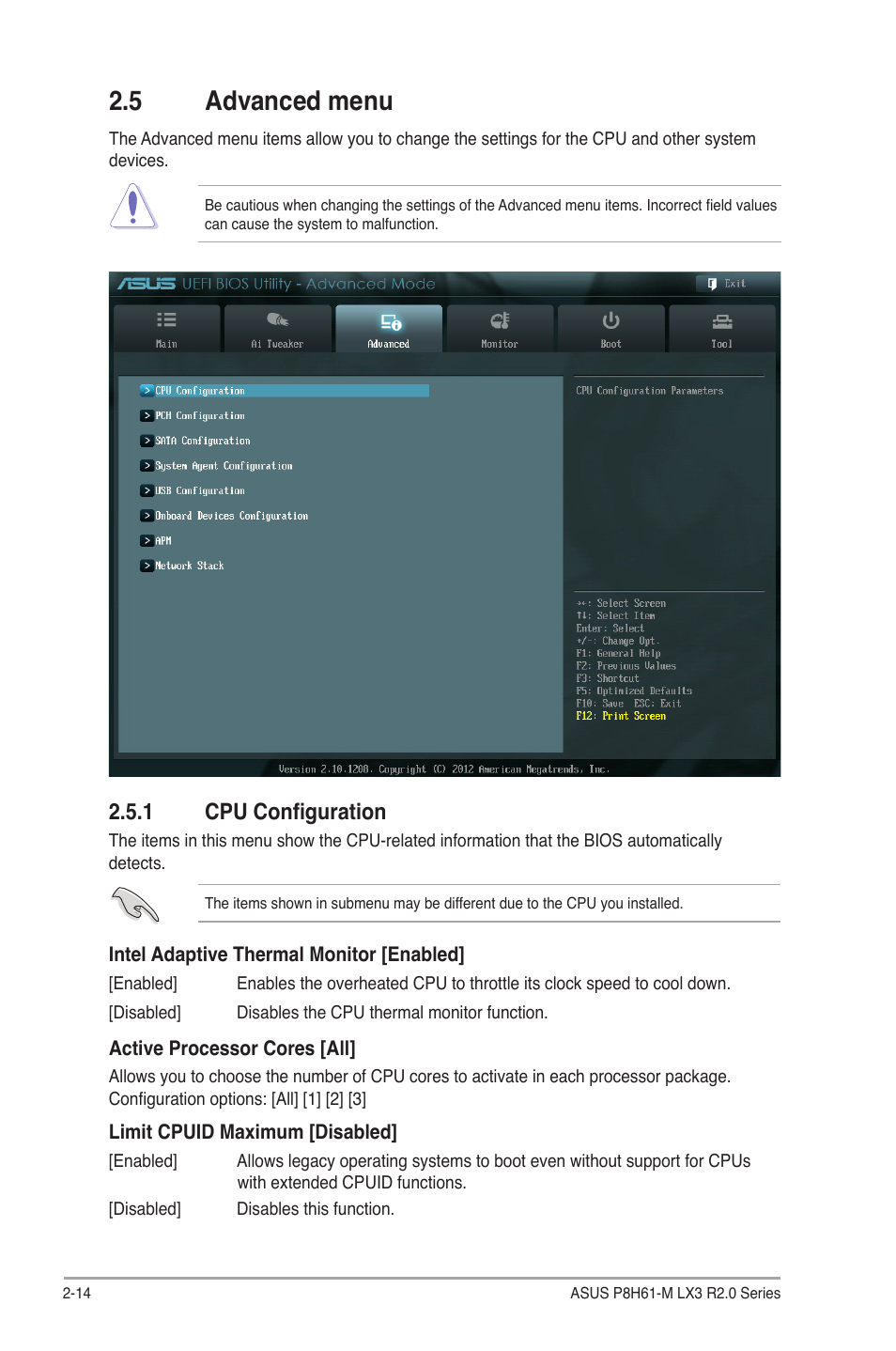 5 advanced menu, 1 cpu configuration, Advanced menu -14 2.5.1 | Cpu configuration -14 | Asus P8H61-M LX3 R2.0 User Manual | Page 52 / 68