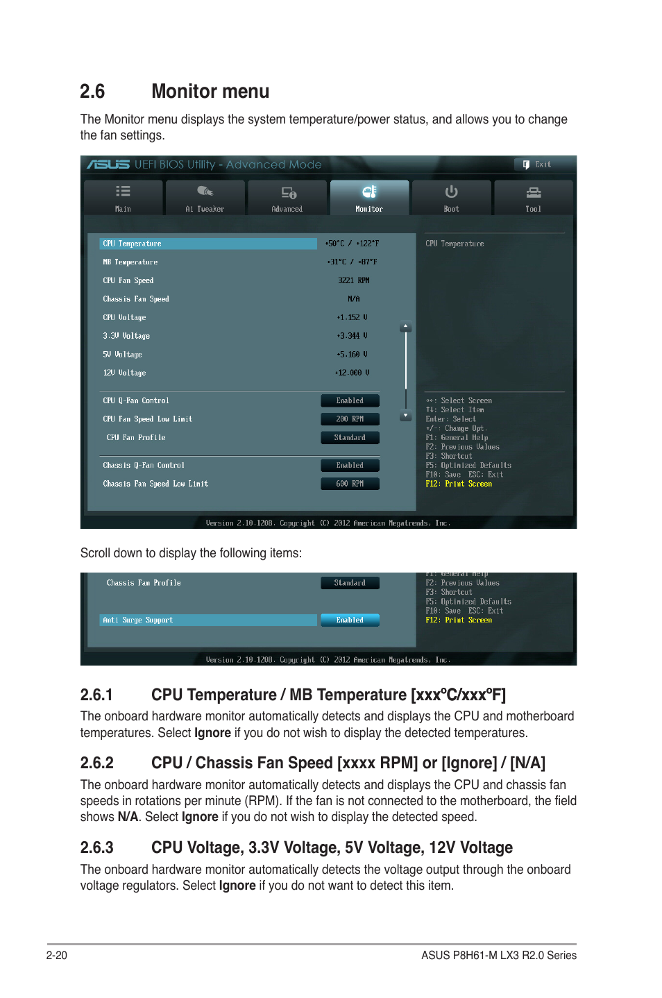 6 monitor menu, 1 cpu temperature / mb temperature [xxxºc/xxxºf, Monitor menu -20 2.6.1 | Cpu temperature / mb temperature [xxxºc/xxxºf] -20, Cpu / chassis, Speed -20 | Asus P8H61-M LX3 R2.0 User Manual | Page 58 / 68