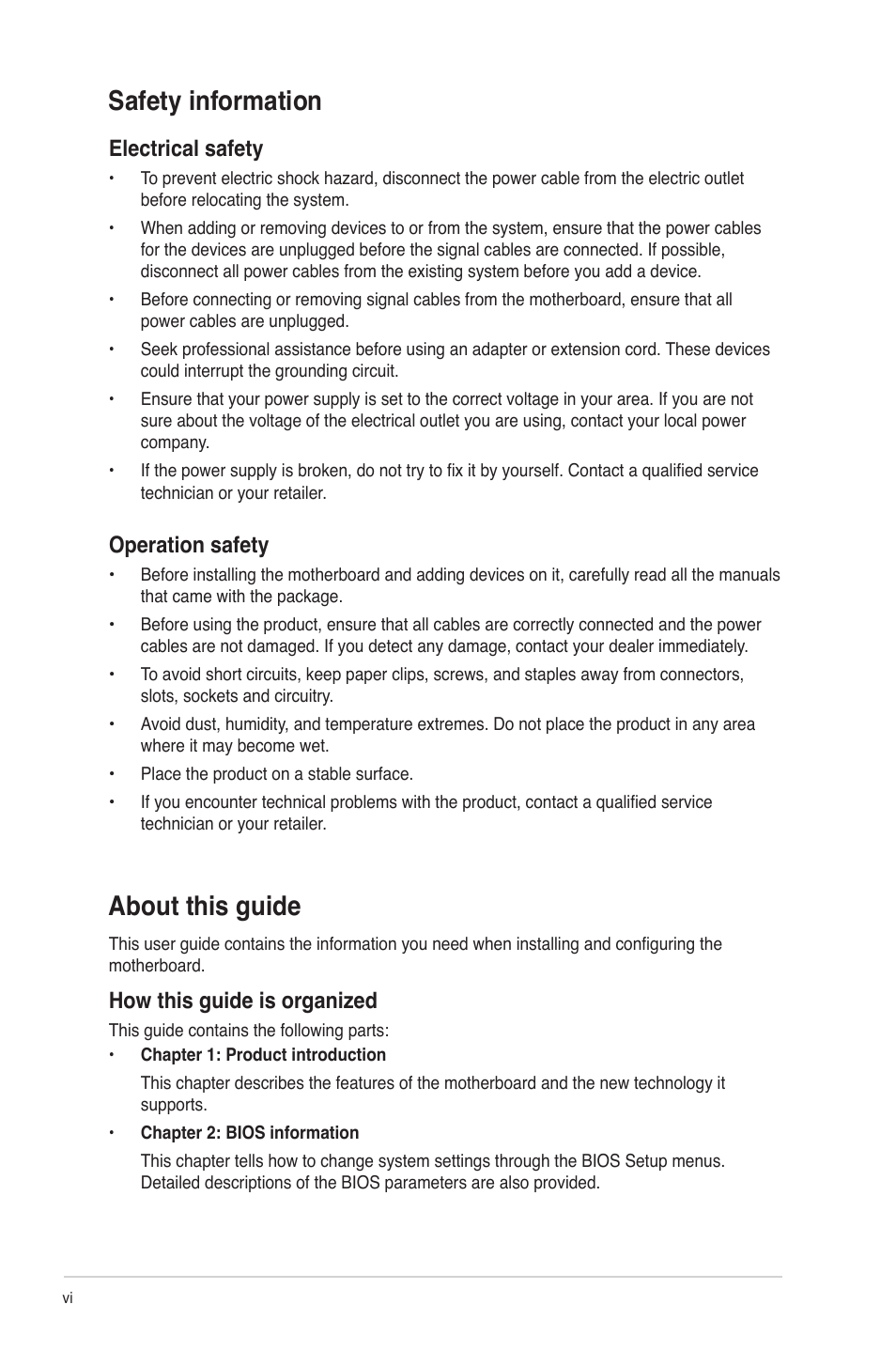 About this guide, Safety information, Electrical safety | Operation safety, How this guide is organized | Asus P8H61-M LX3 R2.0 User Manual | Page 6 / 68