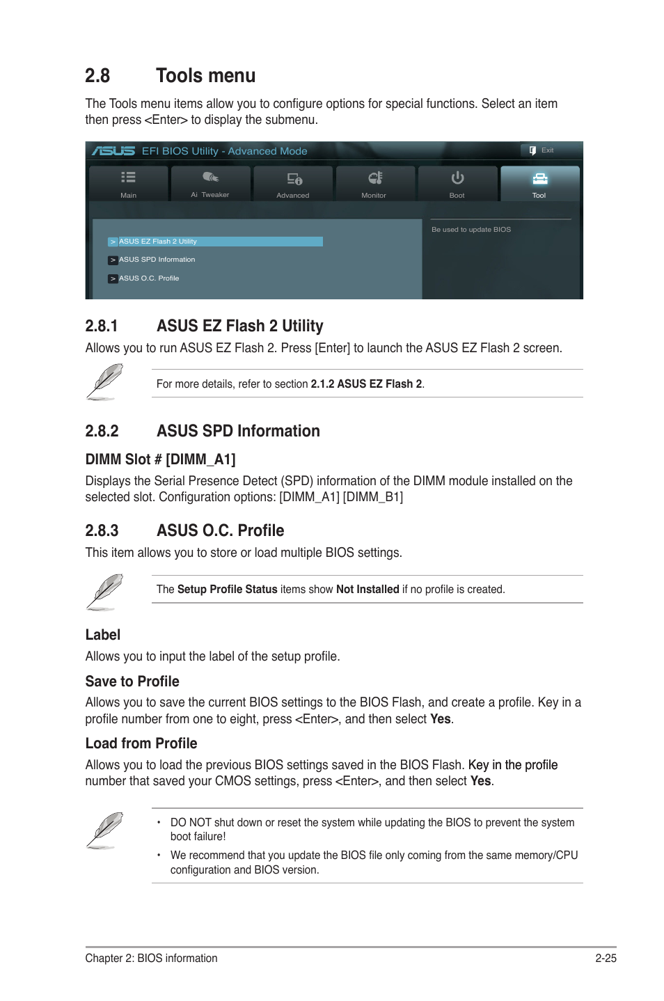 8 tools menu, 1 asus ez flash 2 utility, 2 asus spd information | 3 asus o.c. profile, Tools menu -25 2.8.1, Asus ez flash 2 utility -25, Asus spd information -25, Asus o.c. profile -25, Label, Save to profile | Asus P8H61-M LX3 R2.0 User Manual | Page 63 / 68