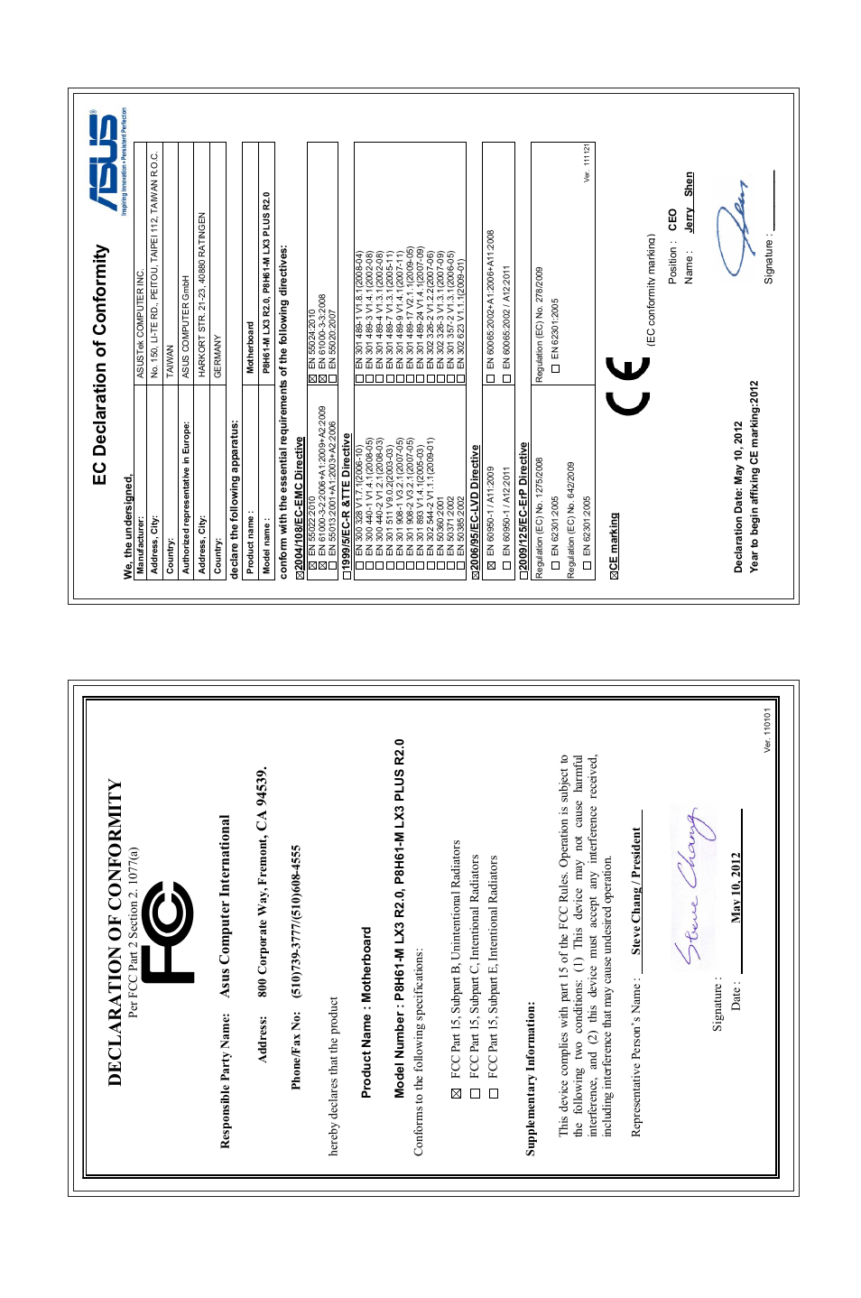 Declaration of conformity, Ec declaration of conformity, Asu s c om pu te r in te rn at io na l | Asus P8H61-M LX3 R2.0 User Manual | Page 68 / 68