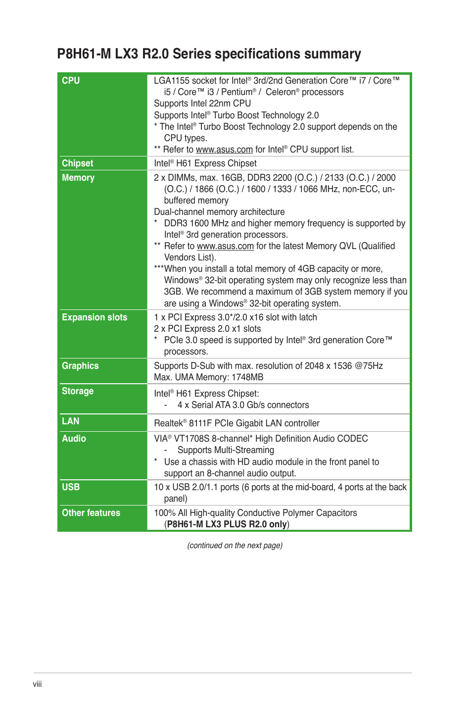 P8h61-m lx3 r2.0 series specifications summary | Asus P8H61-M LX3 R2.0 User Manual | Page 8 / 68