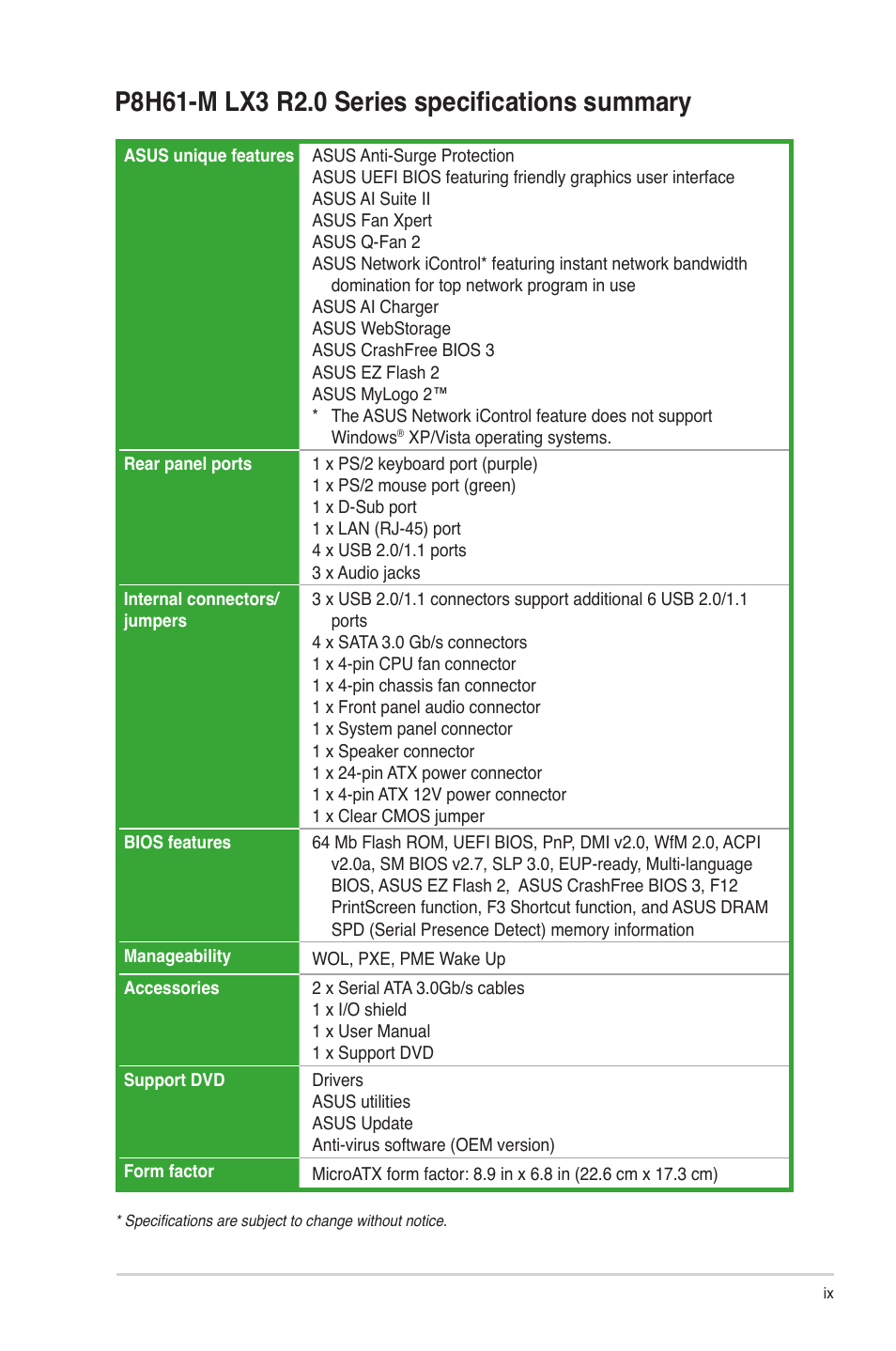 Asus P8H61-M LX3 R2.0 User Manual | Page 9 / 68