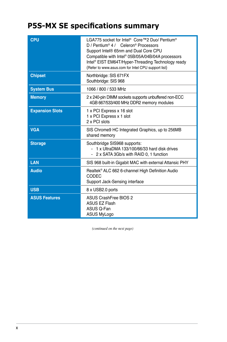 P5s-mx se specifications summary | Asus P5S-MX SE User Manual | Page 10 / 90