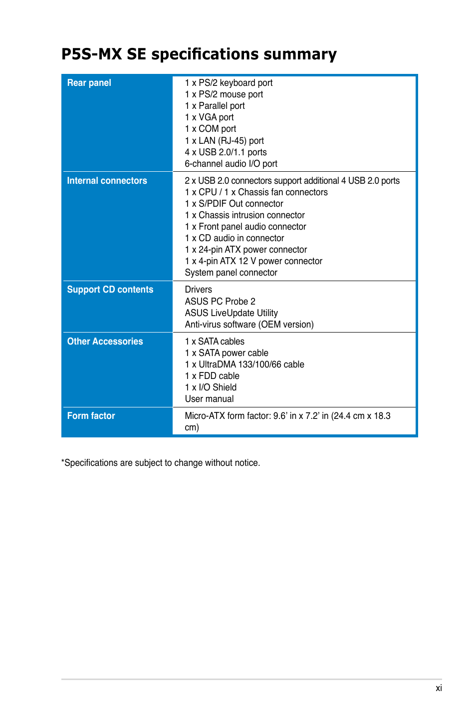 P5s-mx se specifications summary | Asus P5S-MX SE User Manual | Page 11 / 90