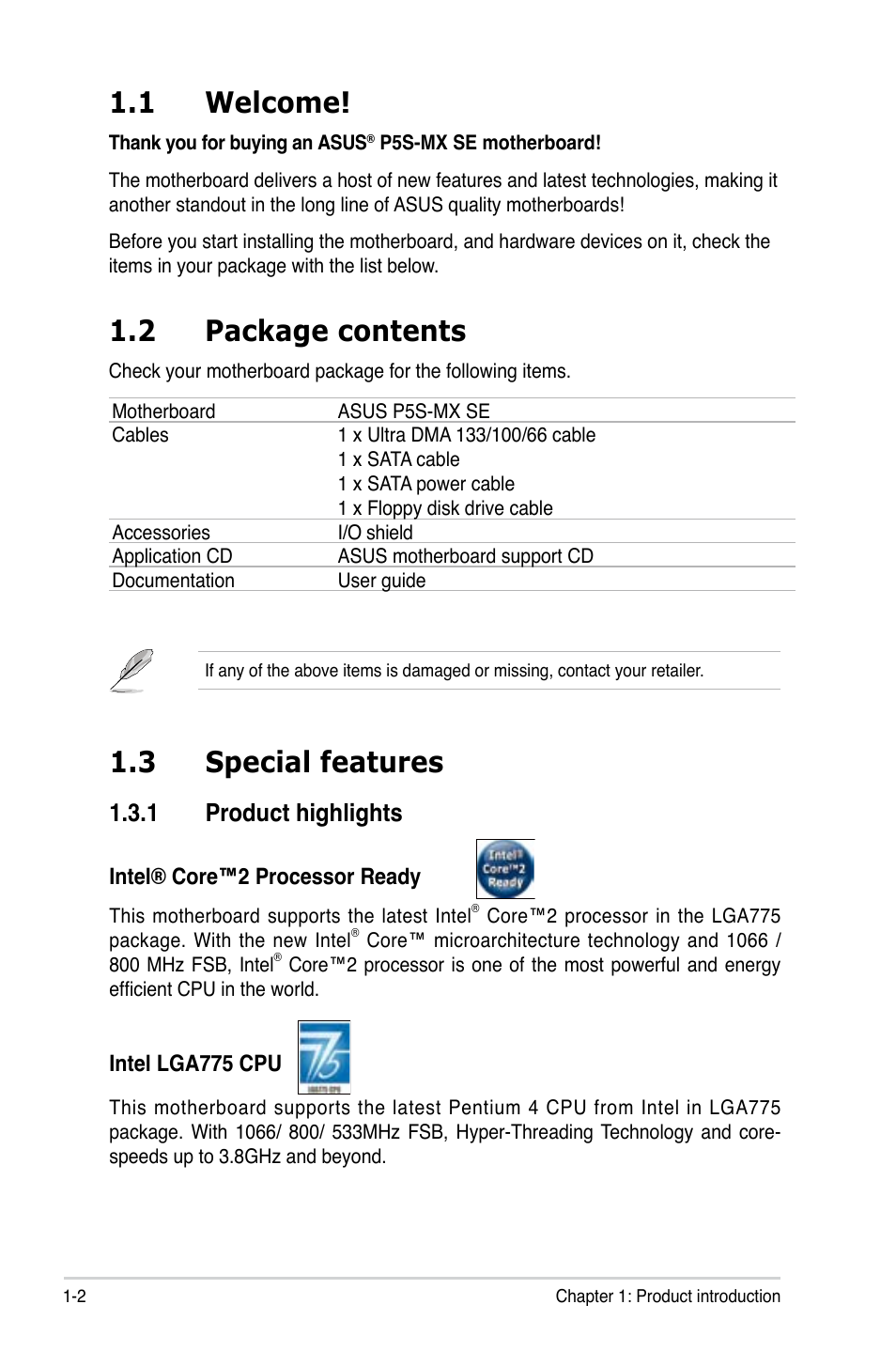 1 welcome, 2 package contents, 3 special features | 1 product highlights | Asus P5S-MX SE User Manual | Page 14 / 90