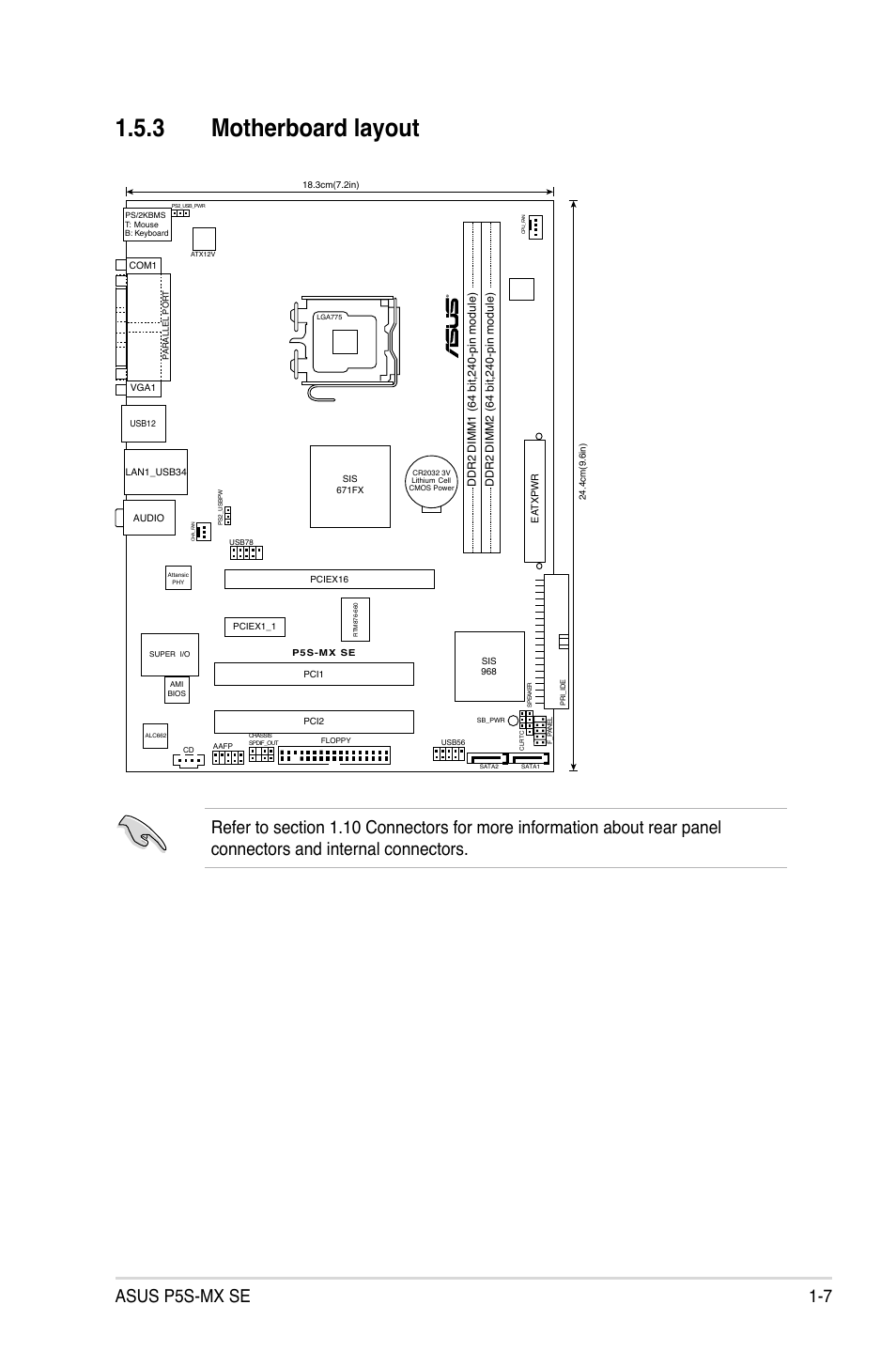 3 motherboard layout, Asus p5s-mx se 1-7 | Asus P5S-MX SE User Manual | Page 19 / 90