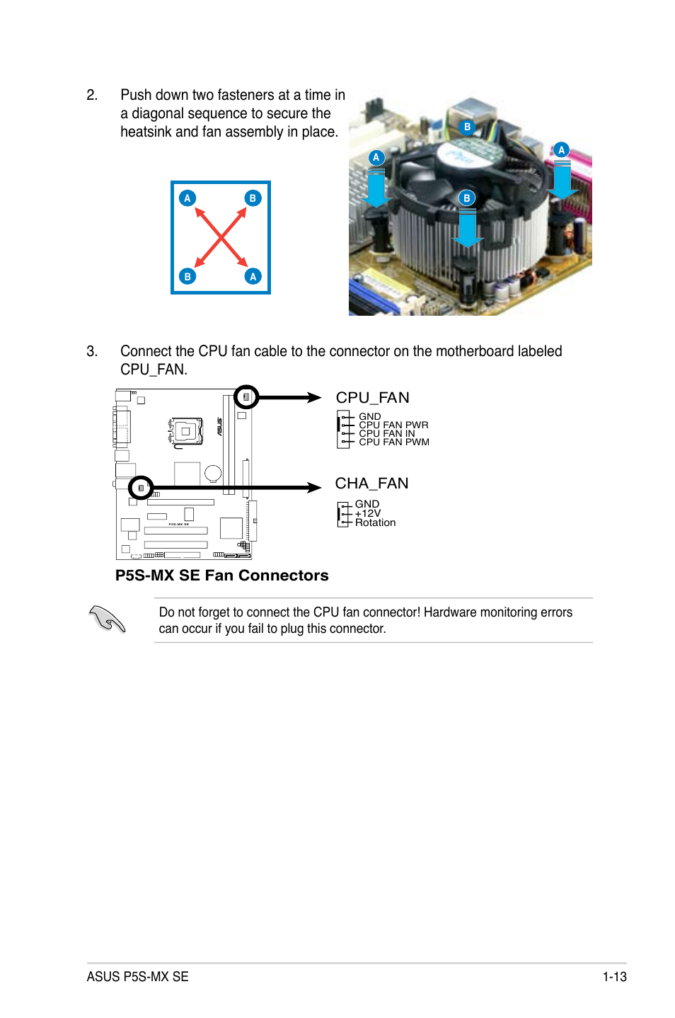 P5s-mx se fan connectors cpu_fan, Cha_fan | Asus P5S-MX SE User Manual | Page 25 / 90