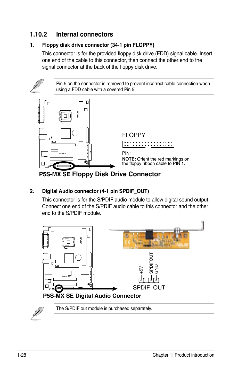 2 internal connectors, Floppy disk drive connector, P5s-mx se | Floppy | Asus P5S-MX SE User Manual | Page 40 / 90