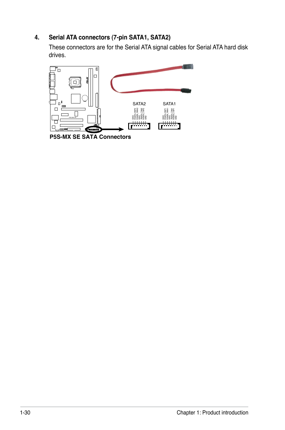 30 chapter 1: product introduction, P5s-mx se sata connectors, Sata2 | Sata1 | Asus P5S-MX SE User Manual | Page 42 / 90