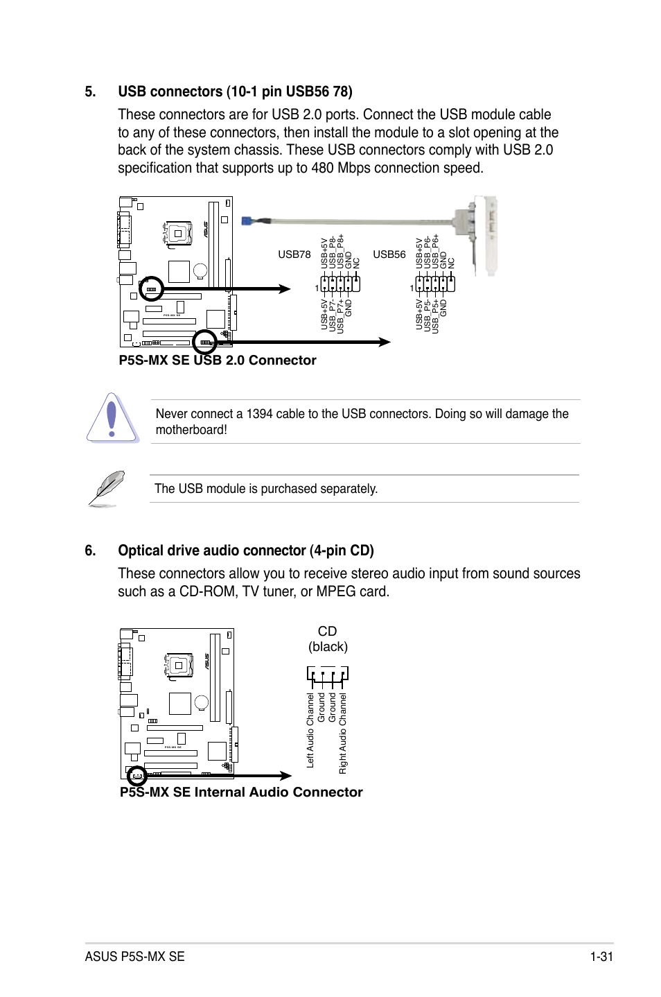 Asus p5s-mx se 1-31, P5s-mx se internal audio connector cd (black), P5s-mx se usb 2.0 connector | The usb module is purchased separately | Asus P5S-MX SE User Manual | Page 43 / 90