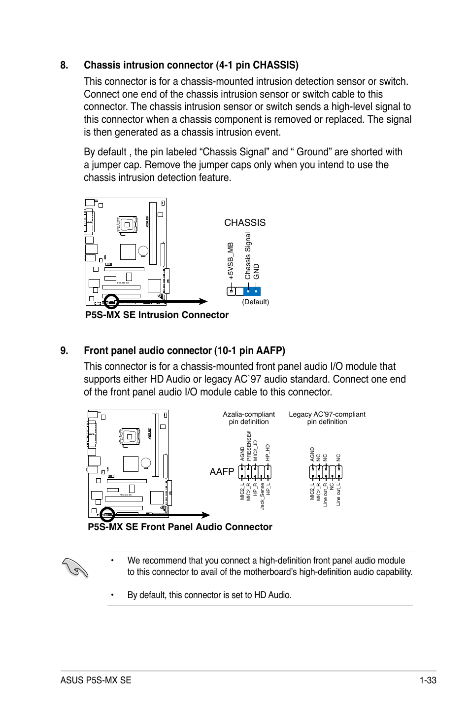 Asus p5s-mx se 1-33, P5s-mx se intrusion connector chassis, P5s-mx se front panel audio connector | Aafp | Asus P5S-MX SE User Manual | Page 45 / 90