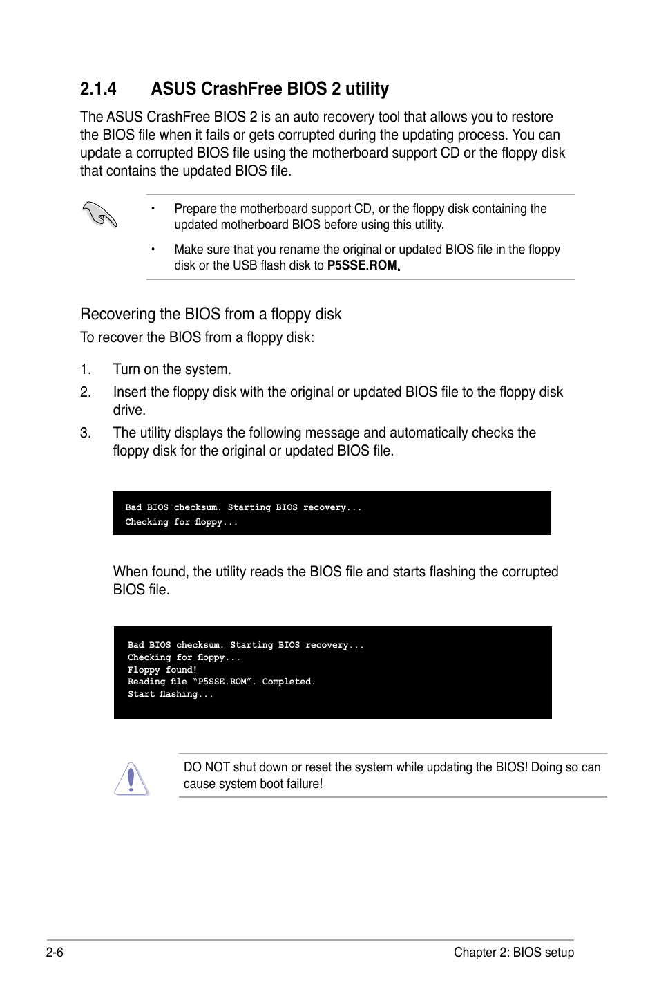 4 asus crashfree bios 2 utility, Recovering the bios from a floppy disk | Asus P5S-MX SE User Manual | Page 54 / 90