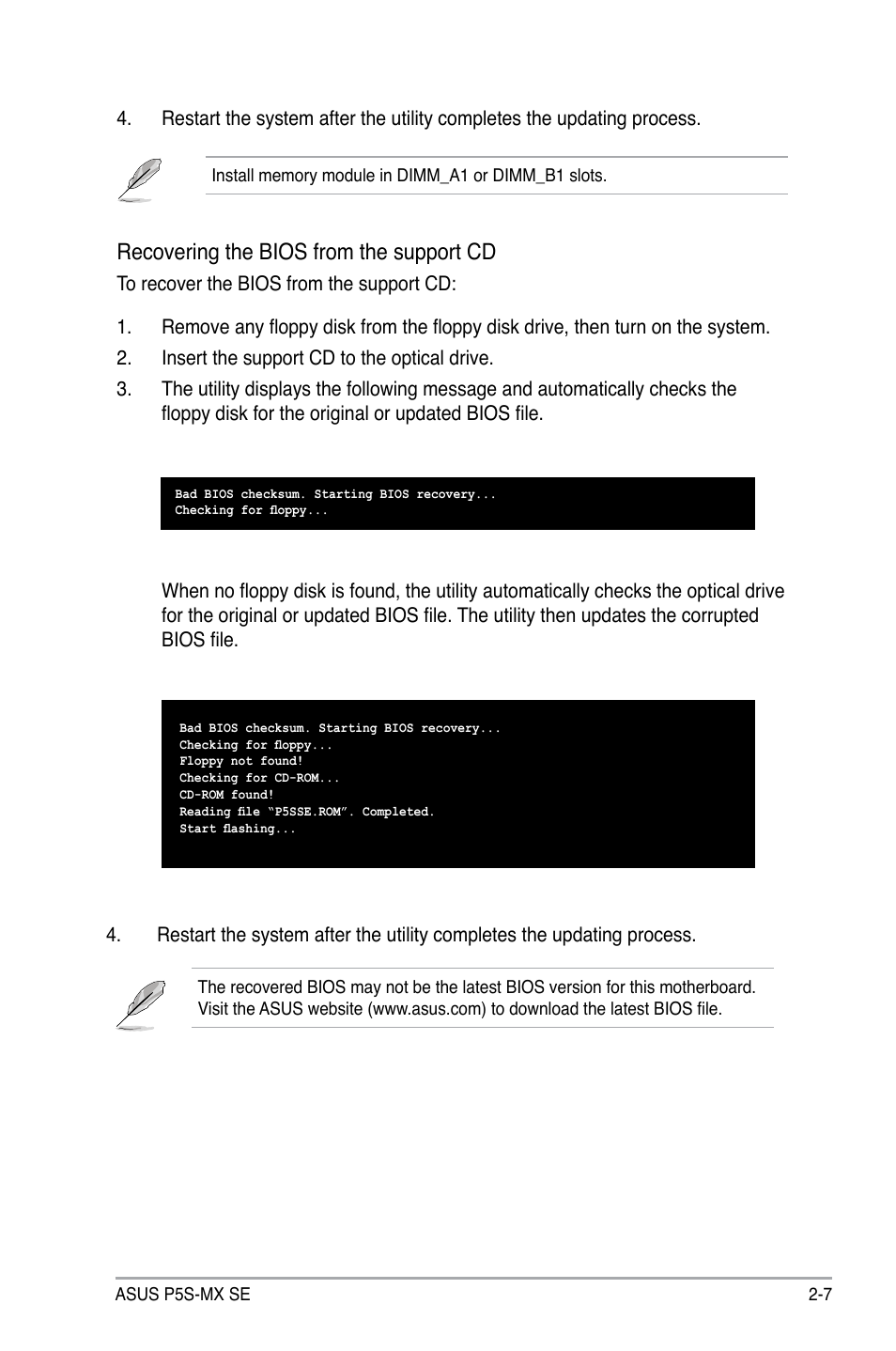 Recovering the bios from the support cd | Asus P5S-MX SE User Manual | Page 55 / 90