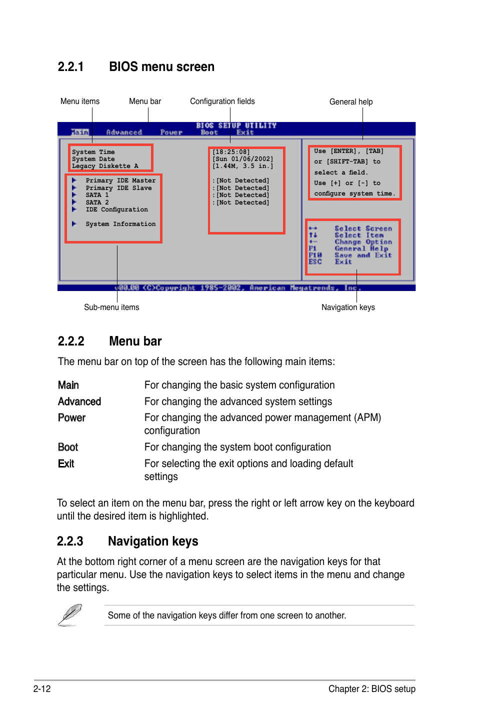 2 menu bar, 1 bios menu screen, 3 navigation keys | Asus P5S-MX SE User Manual | Page 60 / 90