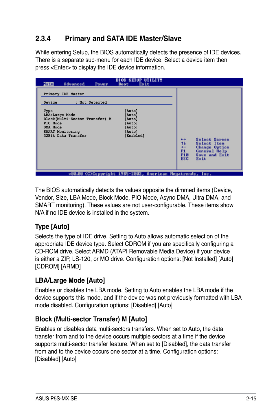 4 primary and sata ide master/slave, Type [auto, Lba/large mode [auto | Block (multi-sector transfer) m [auto | Asus P5S-MX SE User Manual | Page 63 / 90