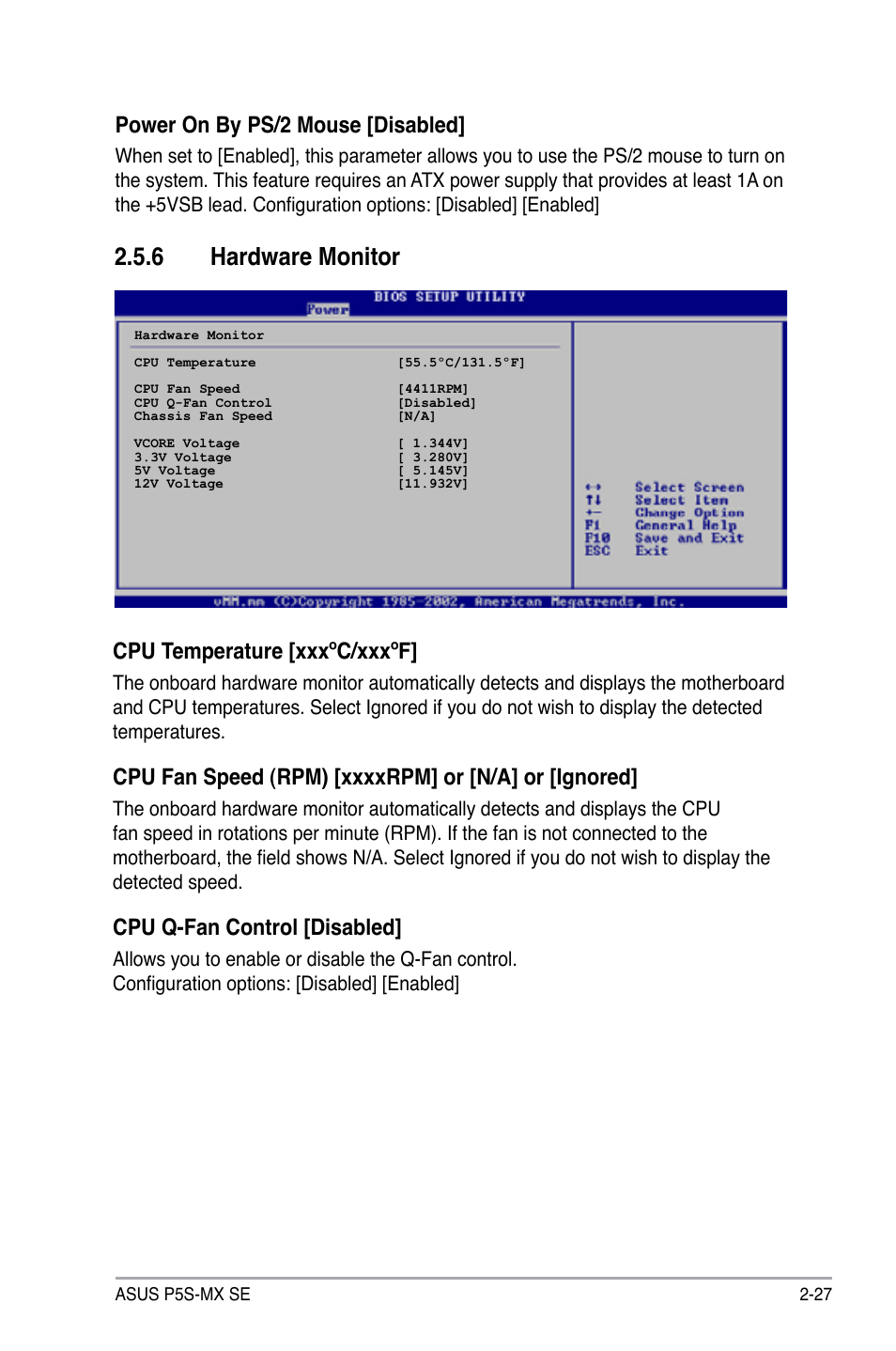 6 hardware monitor, Power on by ps/2 mouse [disabled, Cpu temperature [xxxºc/xxxºf | Cpu q-fan control [disabled | Asus P5S-MX SE User Manual | Page 75 / 90