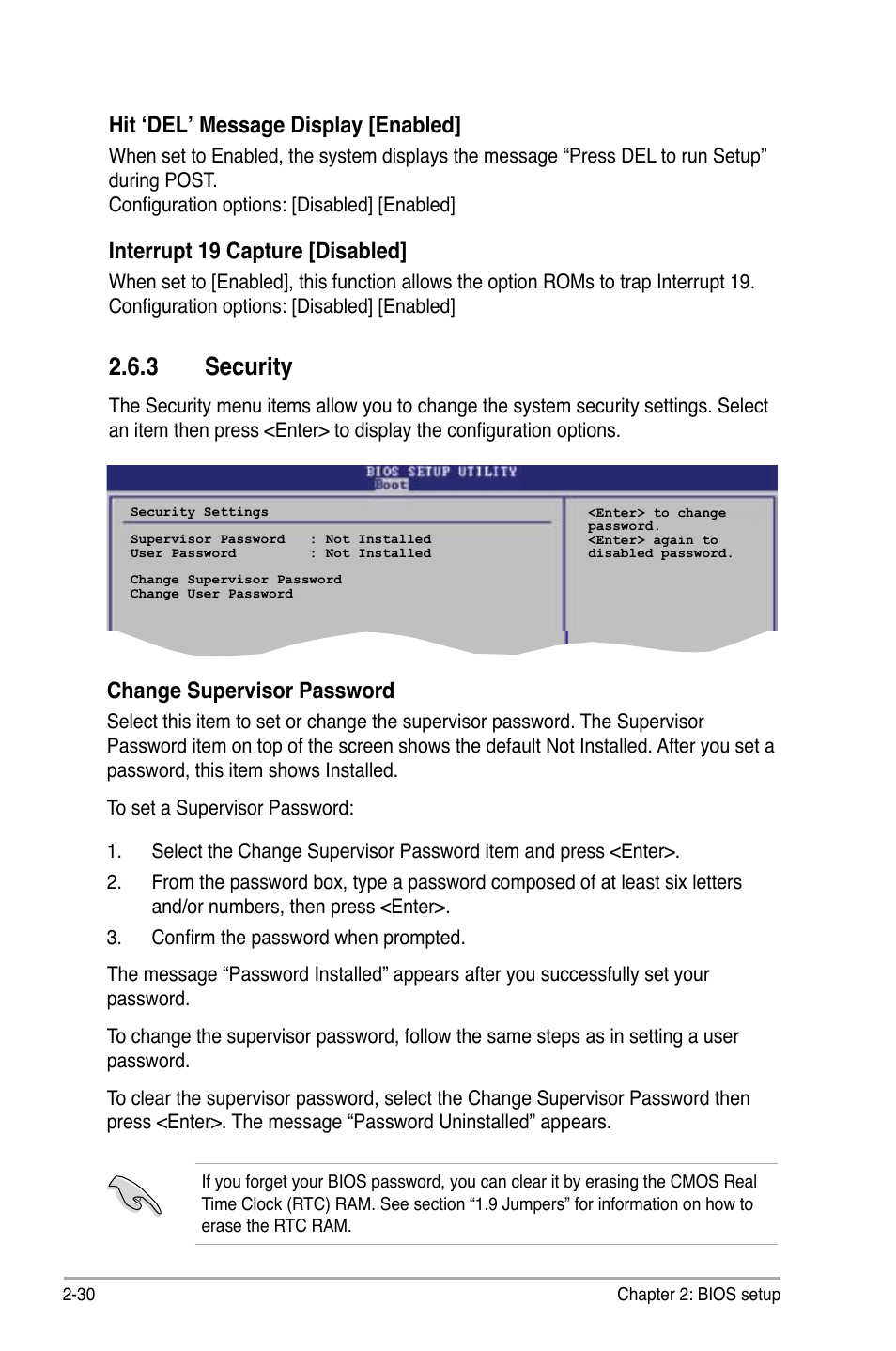 3 security, Hit ‘del’ message display [enabled, Interrupt 19 capture [disabled | Change supervisor password | Asus P5S-MX SE User Manual | Page 78 / 90