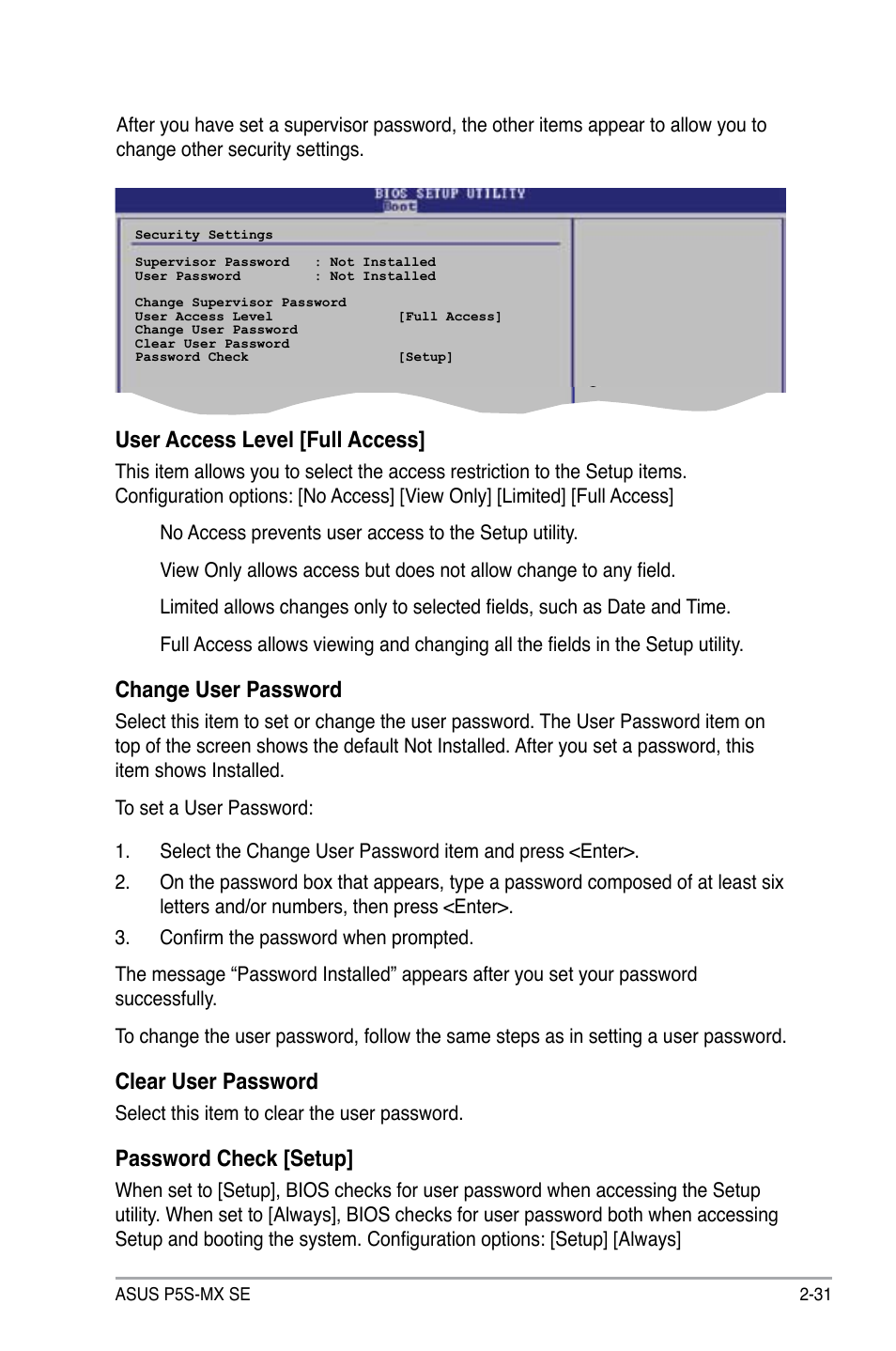 User access level [full access, Change user password, Clear user password | Password check [setup | Asus P5S-MX SE User Manual | Page 79 / 90