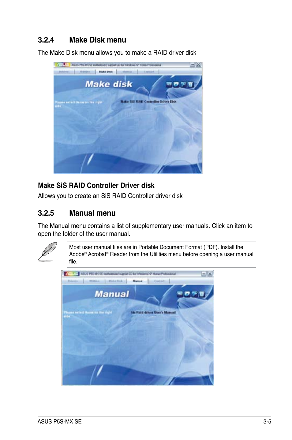 4 make disk menu, 5 manual menu, Make sis raid controller driver disk | Asus P5S-MX SE User Manual | Page 85 / 90