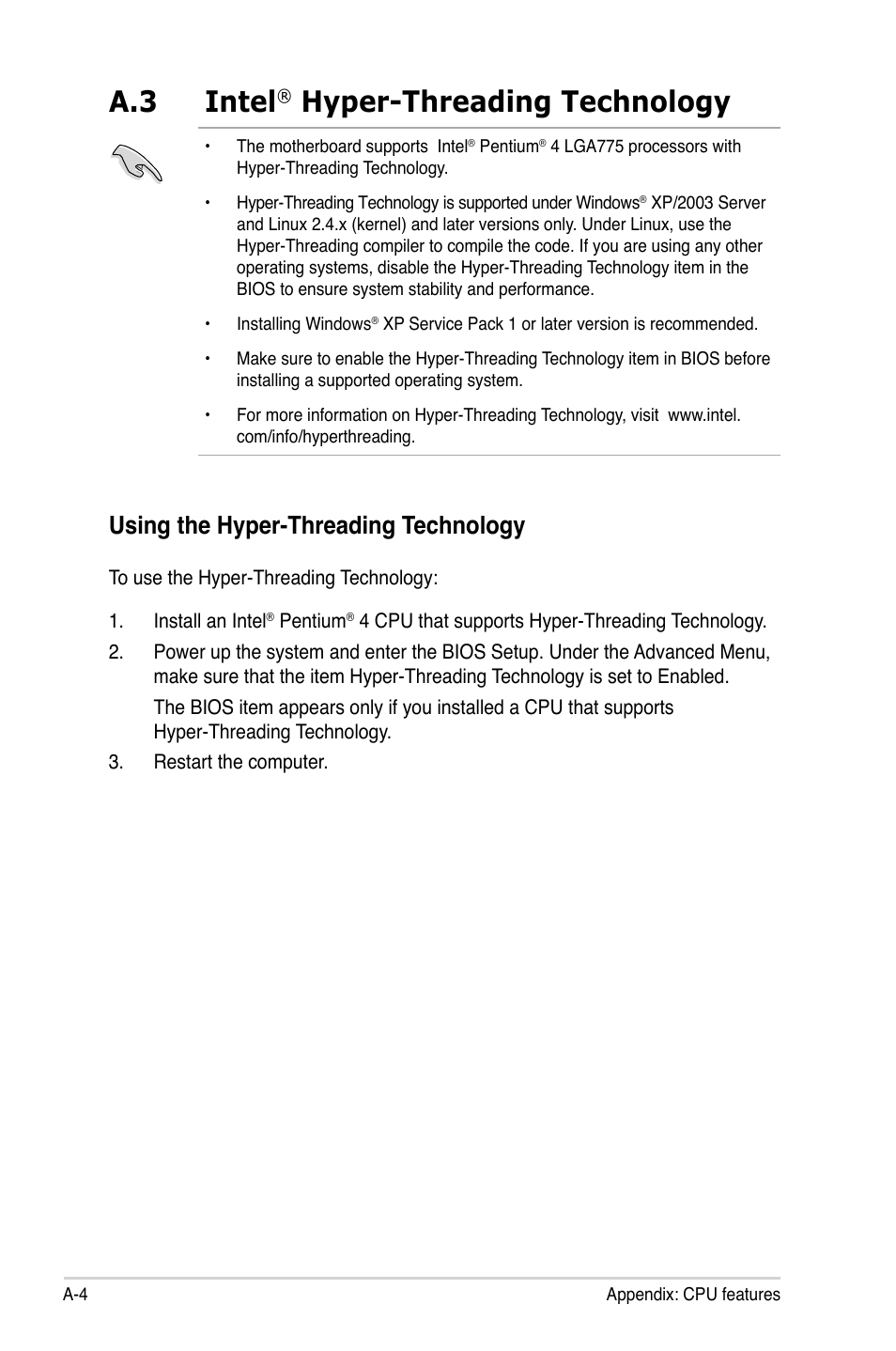 A.3 intel, Hyper-threading technology, Using the hyper-threading technology | Asus P5S-MX SE User Manual | Page 90 / 90