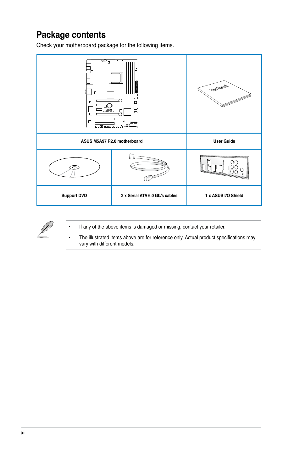 Package contents | Asus M5A97 R2.0 User Manual | Page 12 / 152