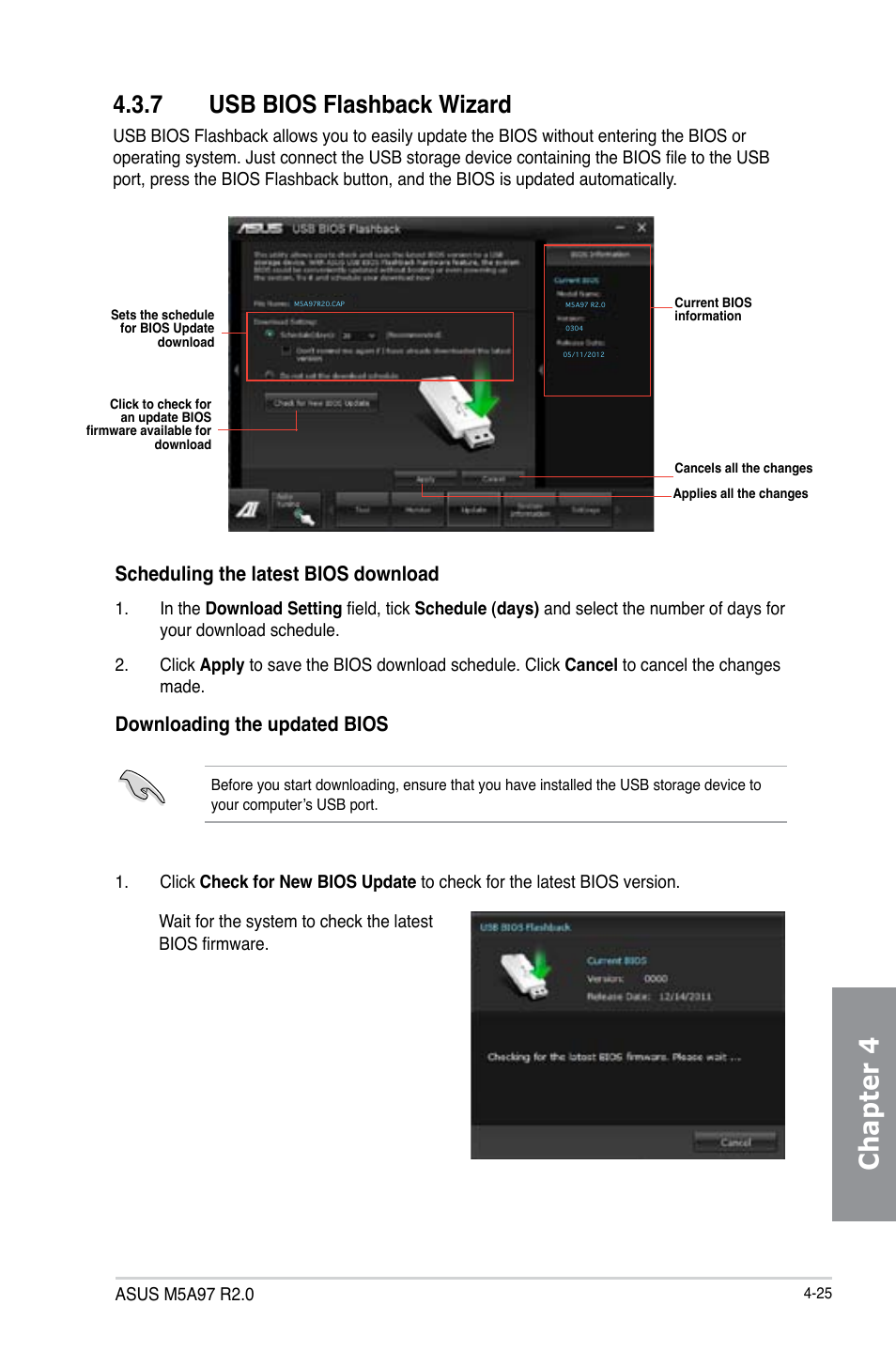7 usb bios flashback wizard, Usb bios flashback wizard -25, Chapter 4 | Scheduling the latest bios download, Downloading the updated bios | Asus M5A97 R2.0 User Manual | Page 121 / 152