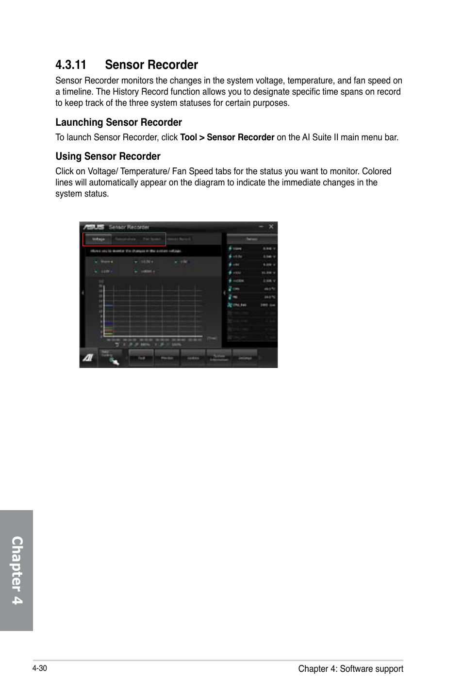 11 sensor recorder, Sensor recorder -30, Chapter 4 | Asus M5A97 R2.0 User Manual | Page 126 / 152