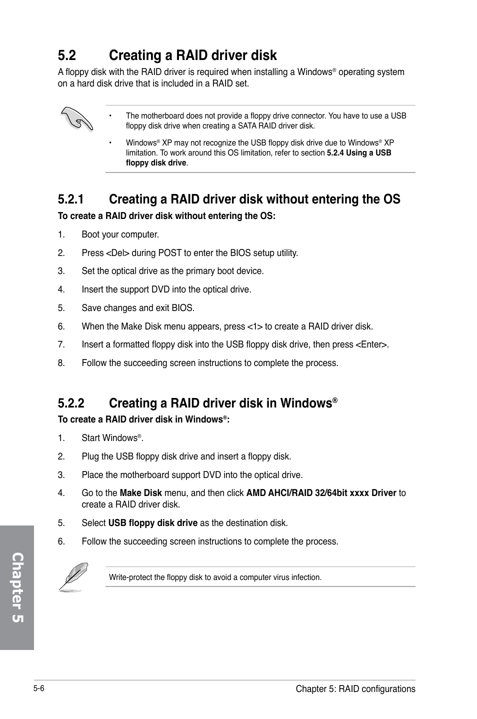 2 creating a raid driver disk, 2 creating a raid driver disk in windows, Creating a raid driver disk -6 5.2.1 | Creating a raid driver disk in windows, Chapter 5 5.2 creating a raid driver disk | Asus M5A97 R2.0 User Manual | Page 138 / 152