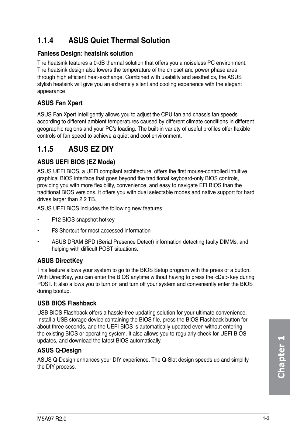 4 asus quiet thermal solution, 5 asus ez diy, Asus quiet thermal solution -3 | Asus ez diy -3, Chapter 1 | Asus M5A97 R2.0 User Manual | Page 17 / 152